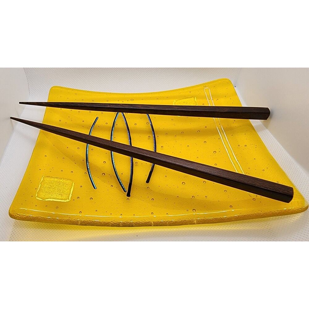 SUSHI DISH & CHOPSTICKS-Art Glass-Yellow & Gold-Rectangle